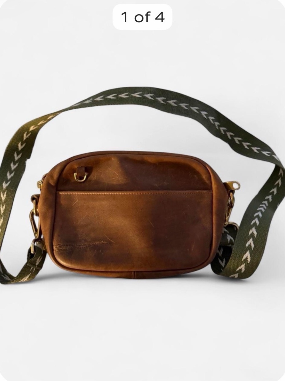 Leather Crossbody Camera Bag - Brown with Green Strap